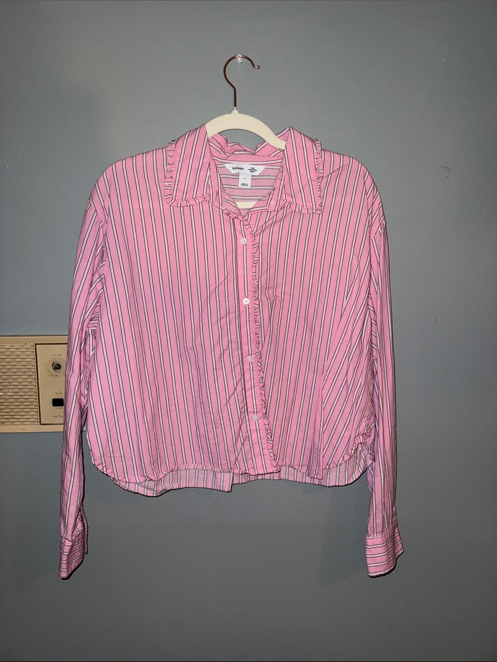 Old Navy Pink Striped Ruffle-Trim Button Down Shirt